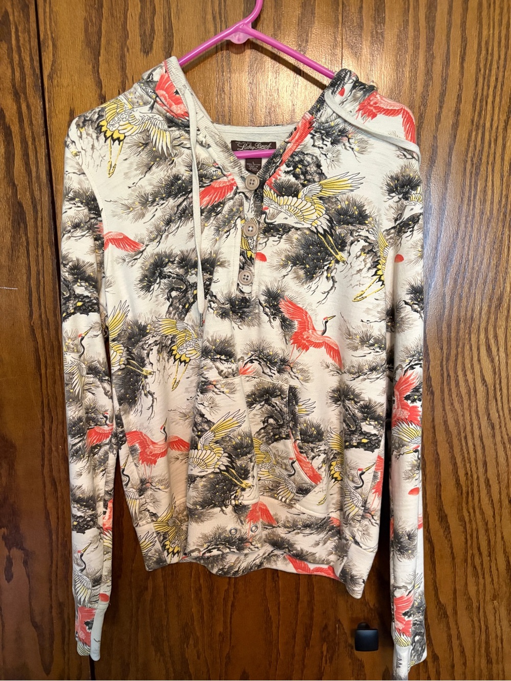 Lucky Brand Cream Hoodie with Coral & Yellow Crane Print